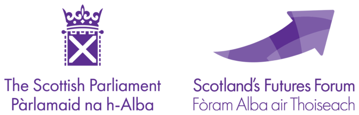 The Scottish Parliament crown and Saltire insginia in purple on the left hand side with the words "The Scottish Parliament" underneath it and a swooping purple arrow on the right hand side with the words Scotland's Future Forum in purple underneath it